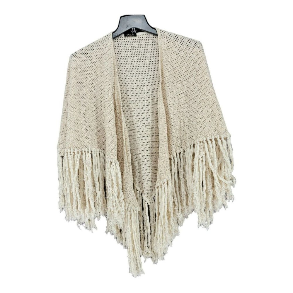 SAACHI Beige Crocheted Knit Shawl Open Front Cradigan Wrap Fringe Boho Folksy